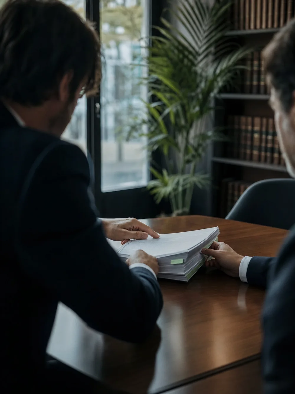 Abogados revisando un expediente de licitación en una mesa de reuniones