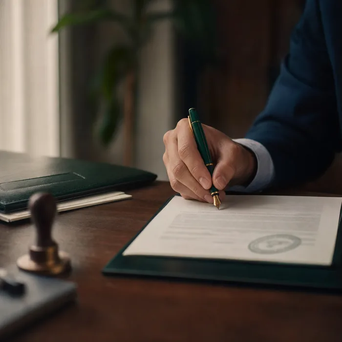 Firma de un contrato público con pluma verde